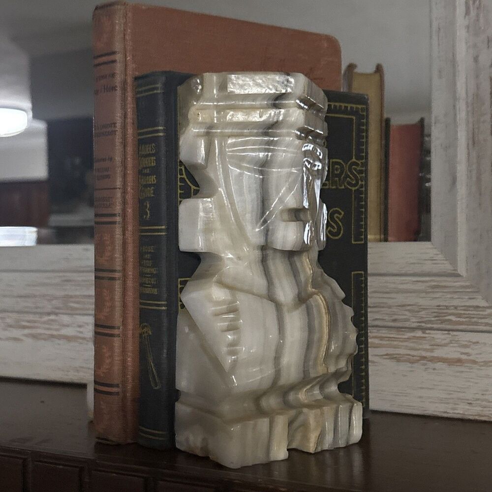 Vintage Carved Onyx Aztec Art Deco Bookends Pair 6.5” Stone Heavy Gray Tan White